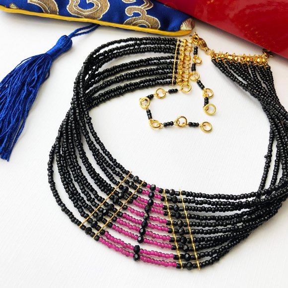 Pink and black wide collar choker, accent multi strand choker necklace OOAK - Picture 10 of 10